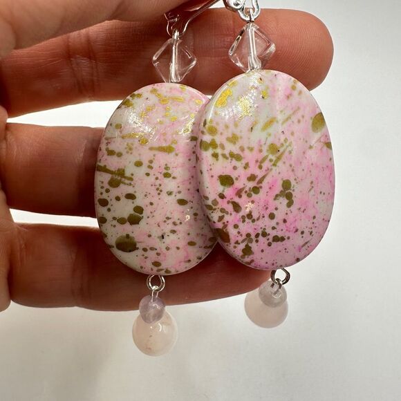 SALE 3" dangle earrings with painted acrylic beads, rose quartz and glass beads! - Picture 4 of 11